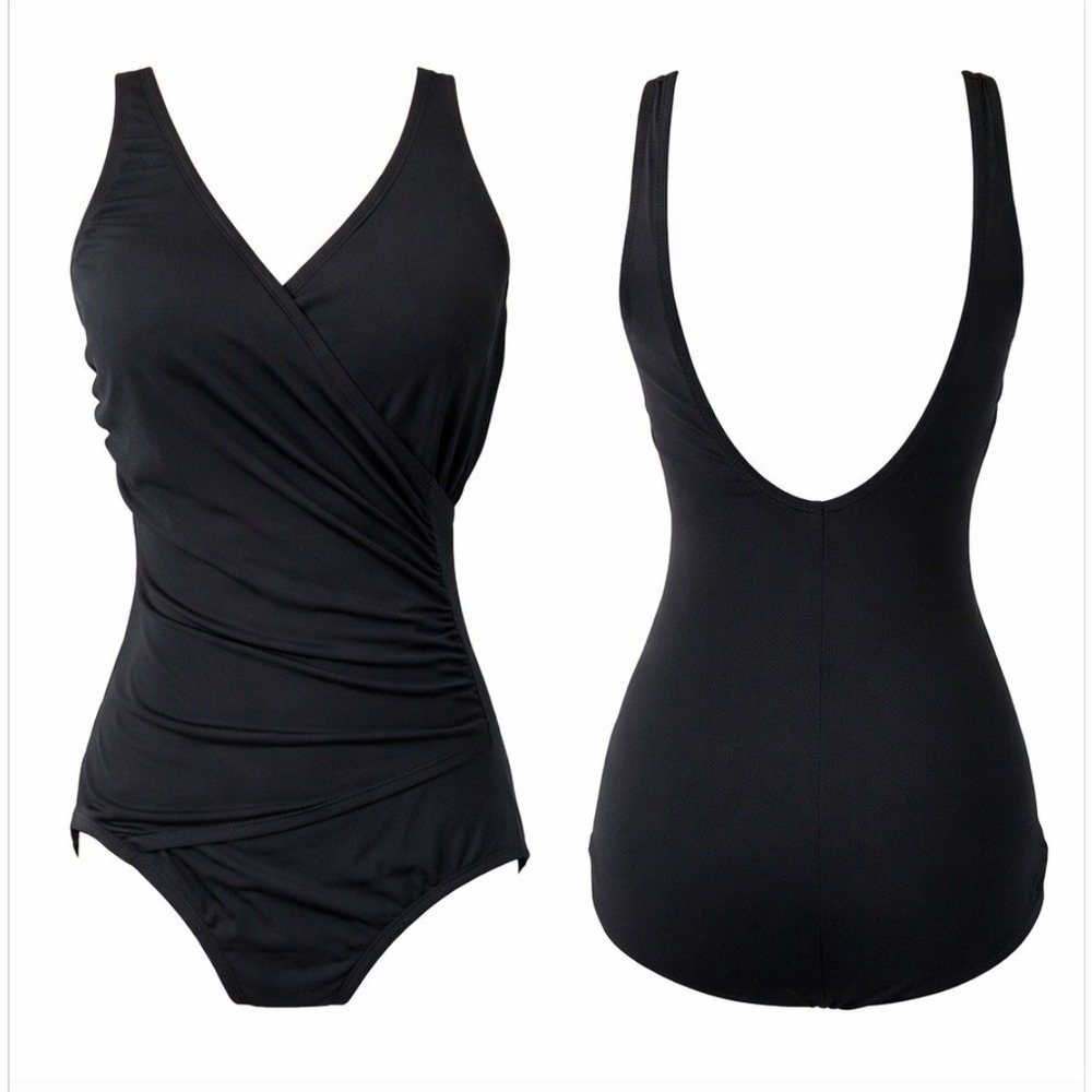 VTG Jantzen Classics Black One Piece Swimsuit Surplice Wrap Ruched 10 90s